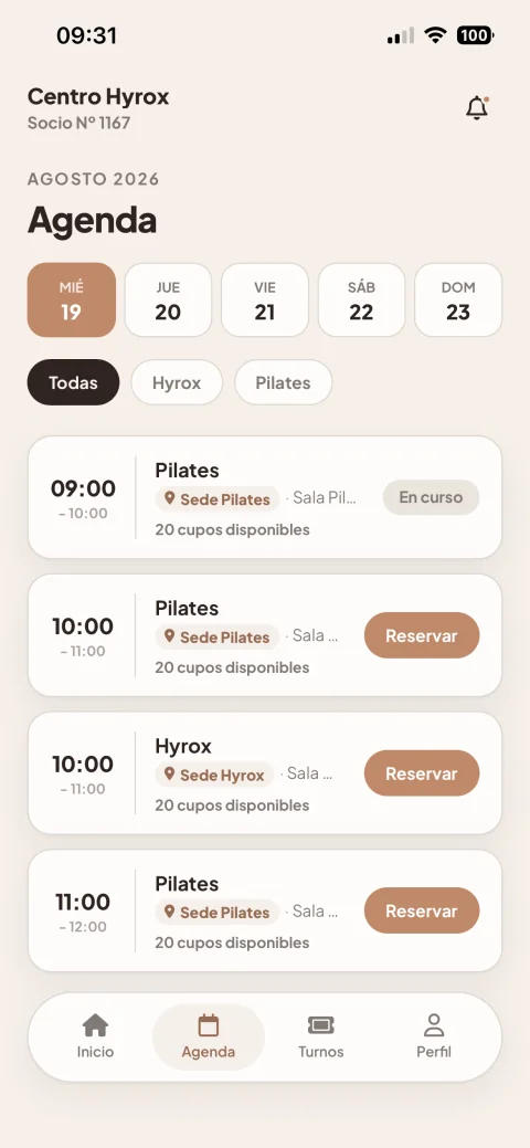 Agenda de clases con colores personalizados en LumiaFit