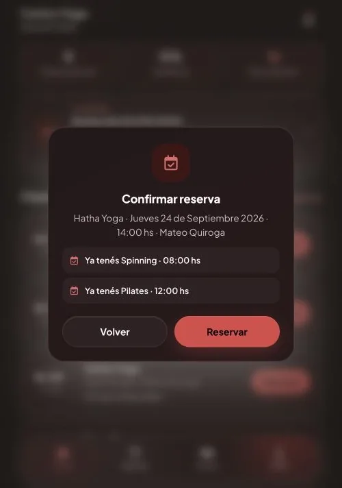 Confirmación de reserva de Hatha Yoga en la app de LumiaFit