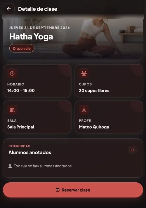 Detalle de una clase de Hatha Yoga en la app de LumiaFit